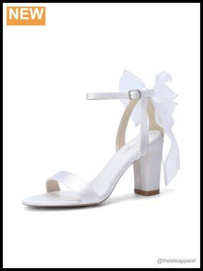 HAULSAIL White Satin Bridal Sandals with Pearl Bow Block Heel Wedding Shoes